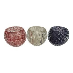 Set of 3 Heavy Textured Glass Votive Candle Holders Pink Clear Purple 4"x5"